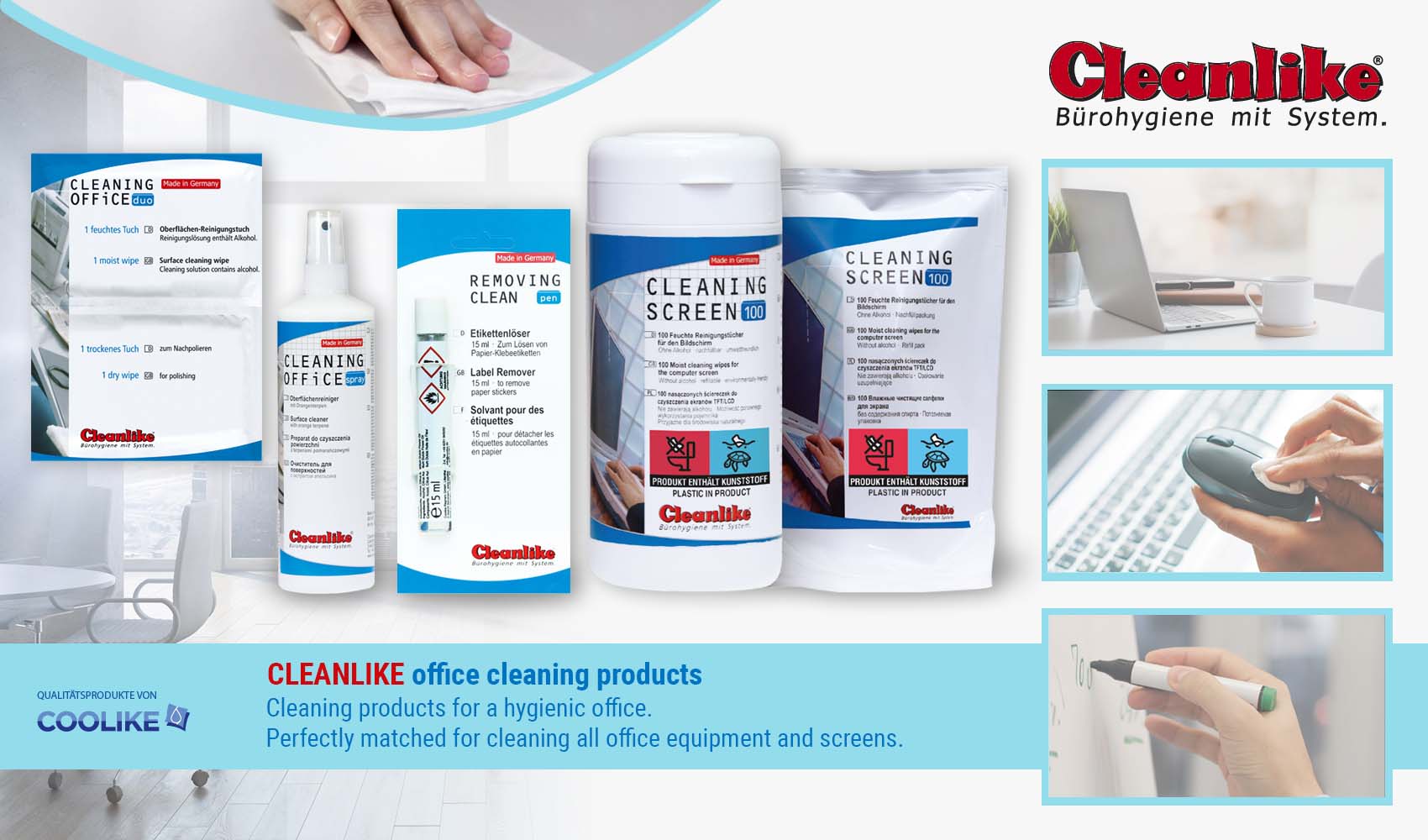 Cleaning products for screen cleaning & office equipment cleaning